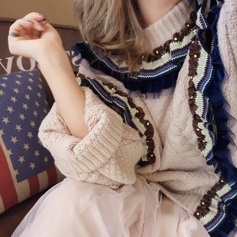 Большой размер большой бисер жемчуг зимний свитер для женщин VintageThicken шерстяной