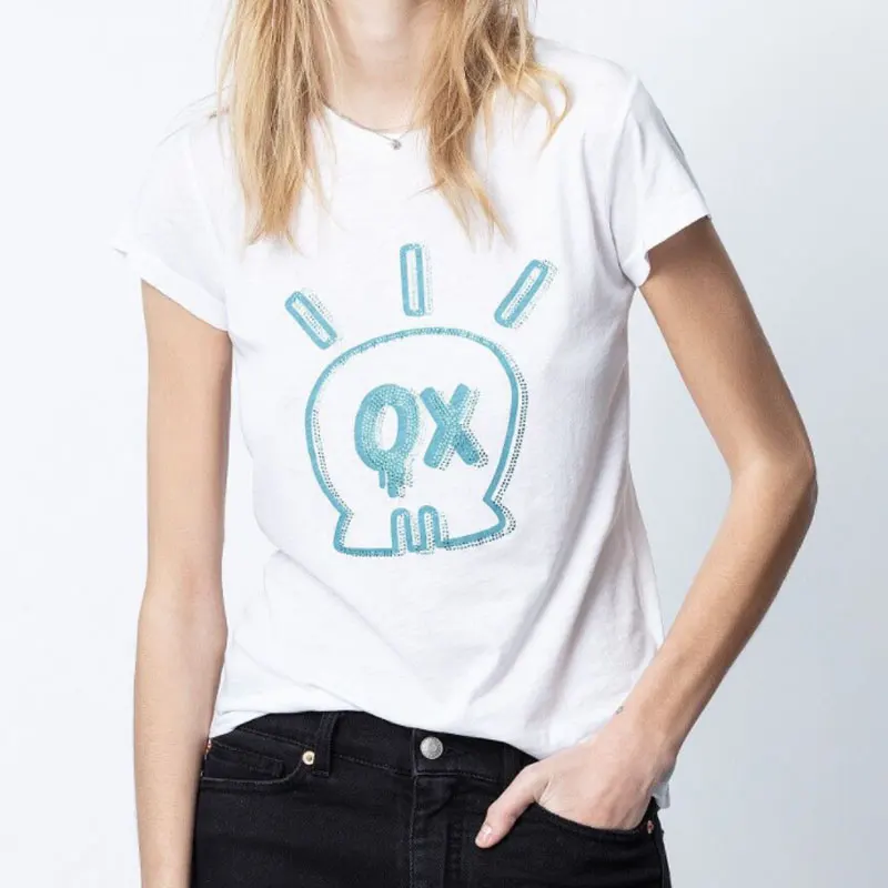 

Letter hot drilling women t-shirt o-neck cotton short sleeve tee casual wild lady t-shirt tops