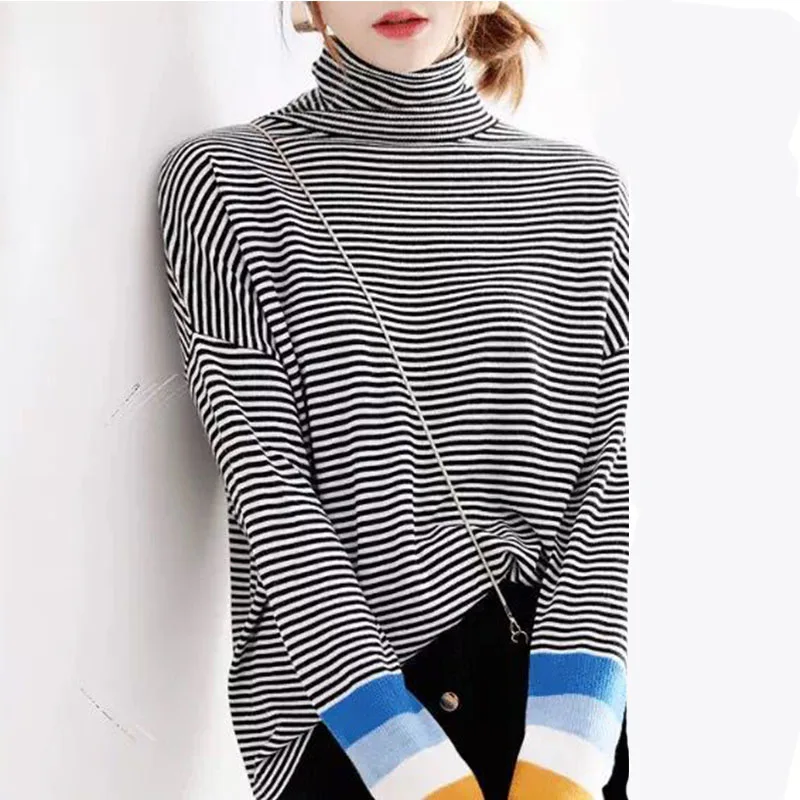 Женский вязаный свитер в радужную полоску шерстяной пуловер большого размера с