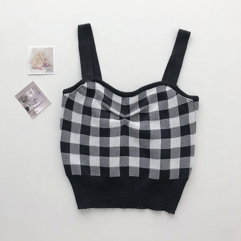 Женские клетчатые вязаные топы с жемчужным дневником короткие шикарные без