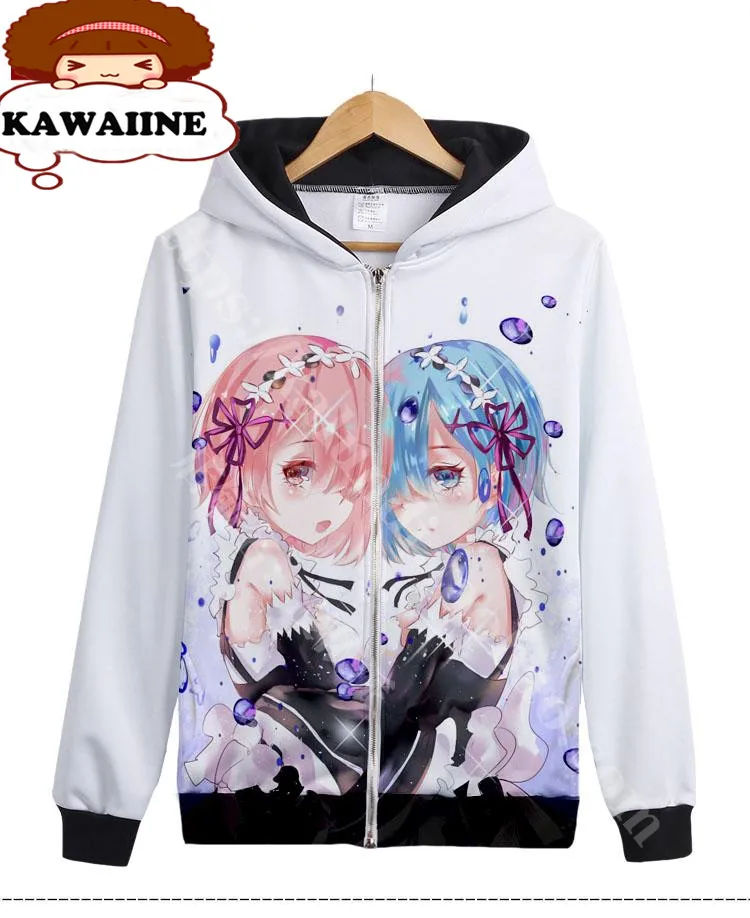 Аниме Толстовка большого размера с рисунком Re:Zero kara Hajimeru Isekai Seikatsu RAM &amp REM белые