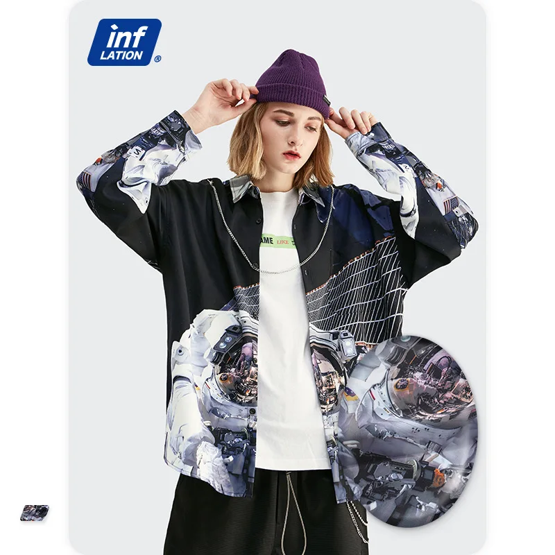 

Мужская одежда унисекс, осень 2021, тонкий кардиган, модная свободная Мужская универсальная рубашка с длинными рукавами и принтом астронавта