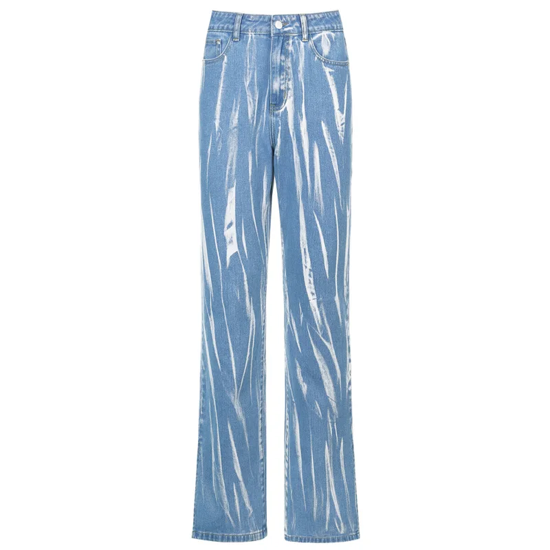 

European Style Fashion Personality graffiti Print denim pants women streetwear straight jeans