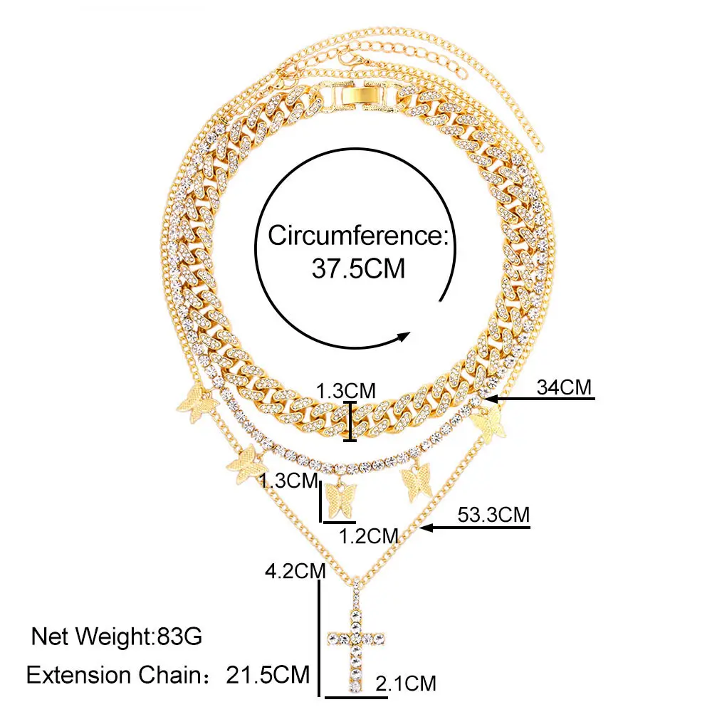 

Shining Crystal Butterfly Cross Pendant Chunky Cuban Chain Necklace for Women Rough Rhinestone Tennis Chain Collar Party Jewelry