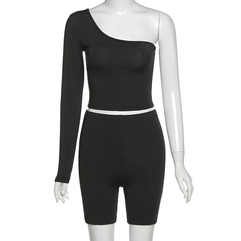 

Black Asymmetrical Two Piece Sets Women Tracksuit Crop Tops+Elastic Bike Shorts Sporty Matching Suits Fitness Casual Outfit