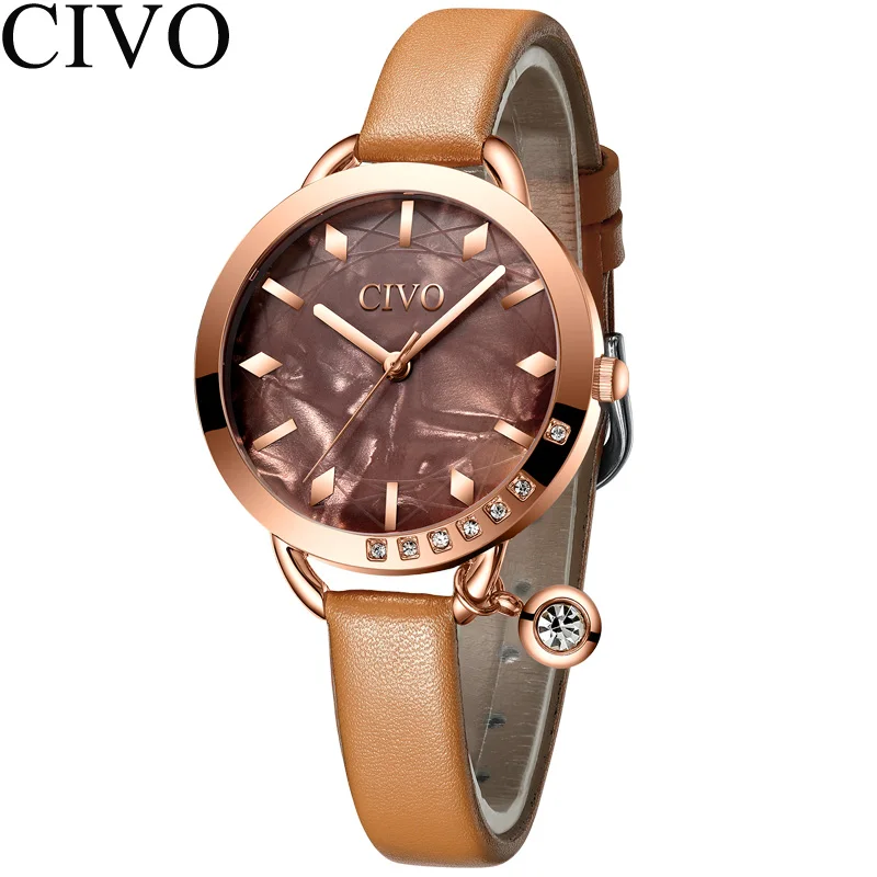 leather brown Relogio feminino CIVO модный синий кожаный ремешок женские наручные часы Роскошные Кристальные водонепроницаемые повседневные часы женские подарочные часы - Цвет: leather brown