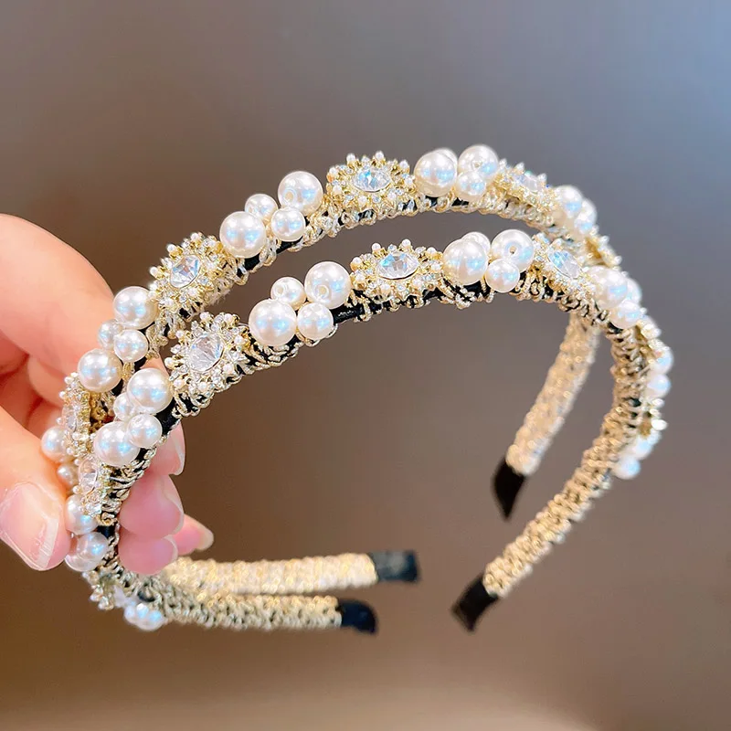 

2021 Vintage Rhinestone Pearl Bezel Hairbands Women Headband Girl Hair Accessories Diadema Opaski Do Włosów Bandeau Haarband