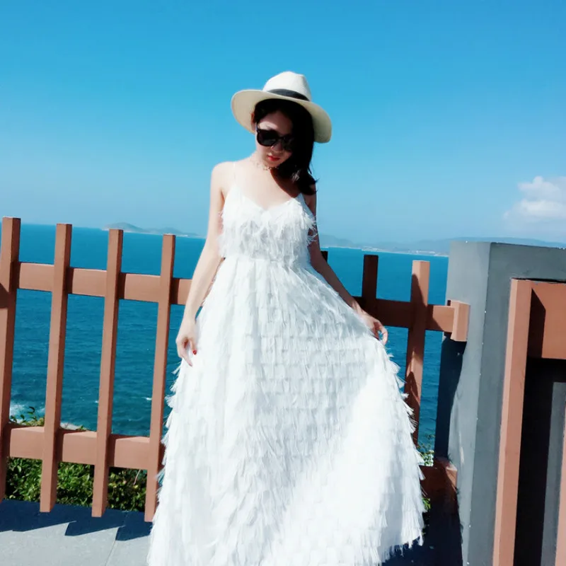 

Family Matching Clothes Mother Daughter Dress Tassels Feathers Dress Long V Neck White Party Dress Holiday Summer Dresses CA998