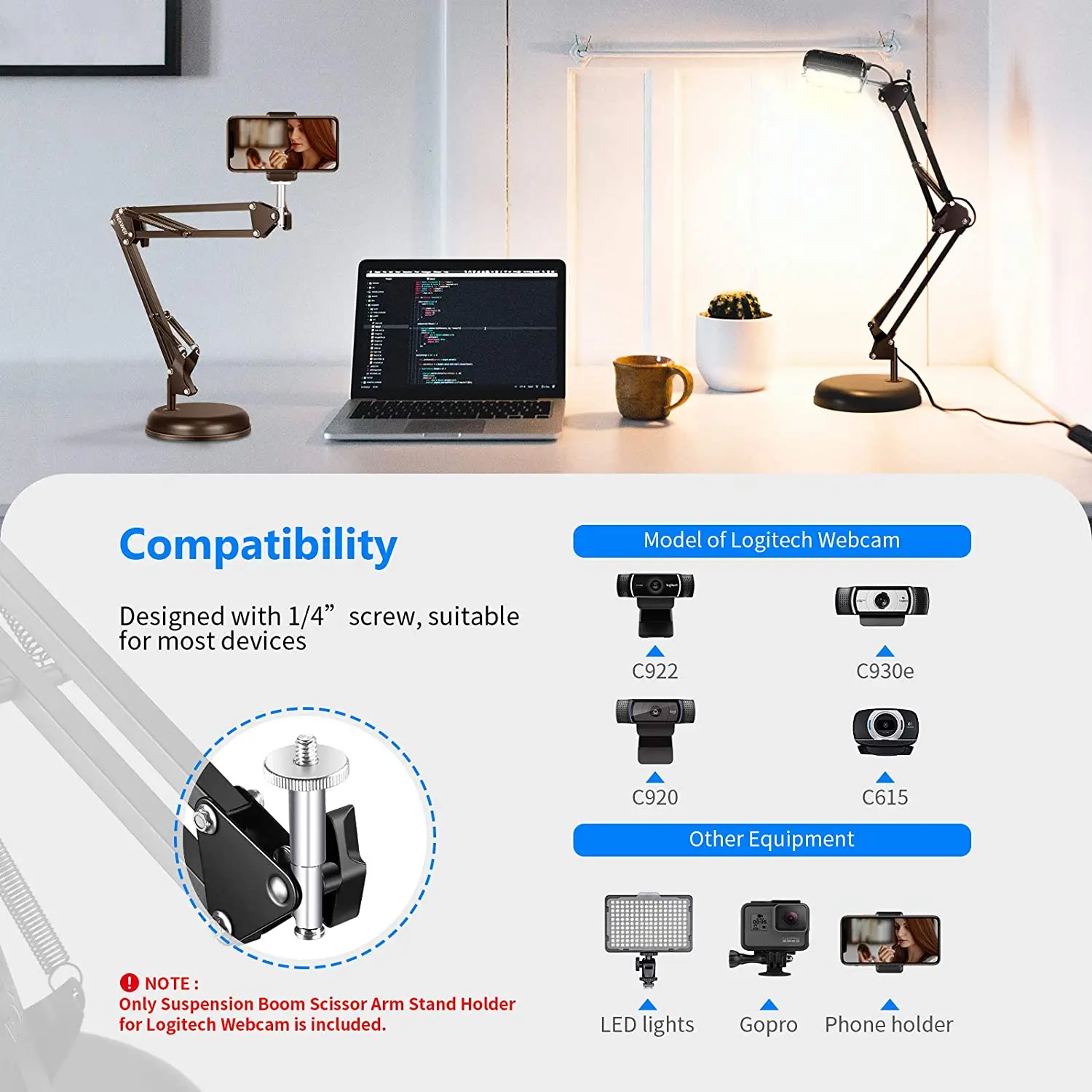 

Adjustable Desktop Suspension Boom Scissor Arm Stand Holder with Base for Logitech Webcam C922 C930e C930 C920 C615