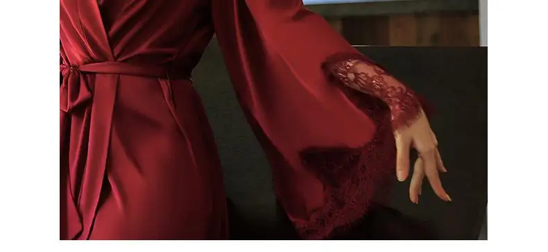 

Sexy Bridal Sleepwear Satin Wedding Morning Robe Gown Women Lace Sleeve Bathrobe Nightdress Oversized Summer Dressing With Belt