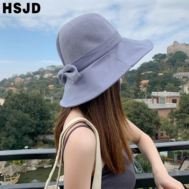 New Spring Summer Women's Sun Hats Lovely Bowknot Floppy Top Bucket Hat Wide Brim Foldable Anti-UV Visor Bonnet Female Cap