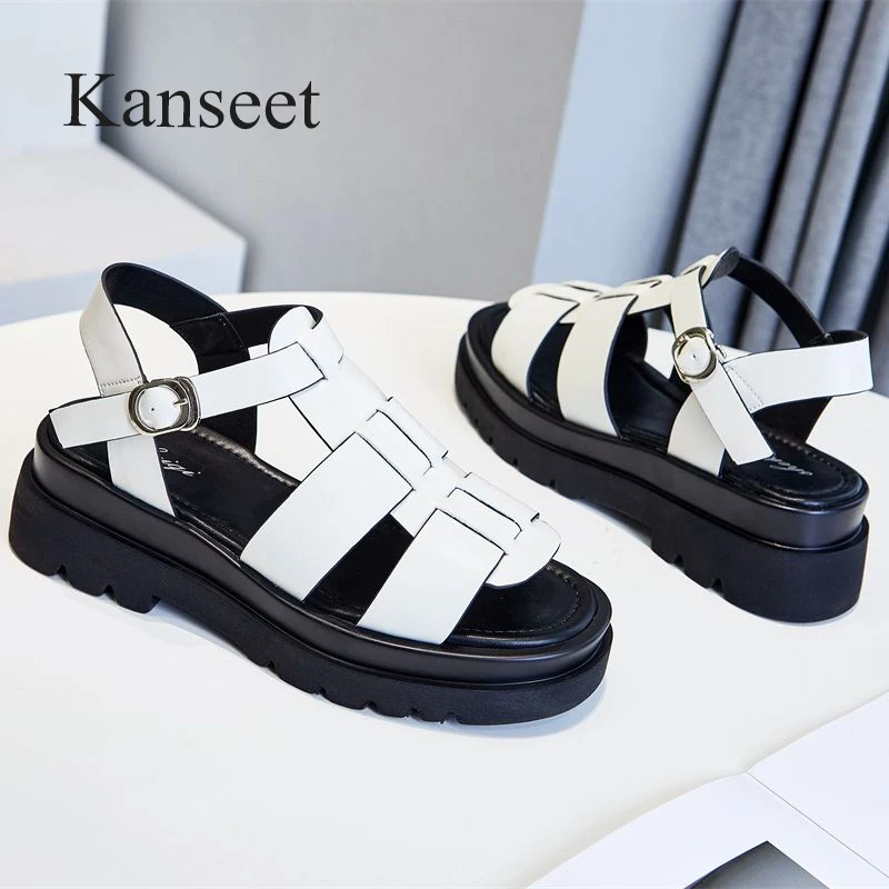 

Kanseet 2021 Summer Open -Toed Women Sandals White Black Casual Buckle Strap Daily Concise Female Sandals Platform Beach Shoes