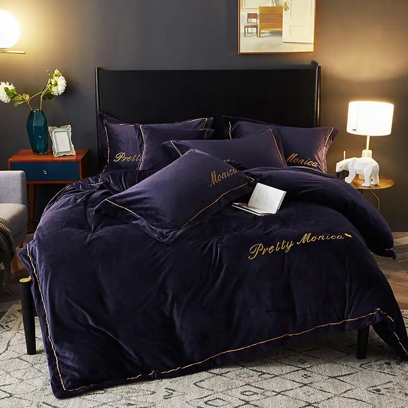 

Velvet Fleece Black Purple Bedding sets Heavyweight Warm for Winter Queen King size Embroidery Ultra Soft Duvet cover Bed sheets
