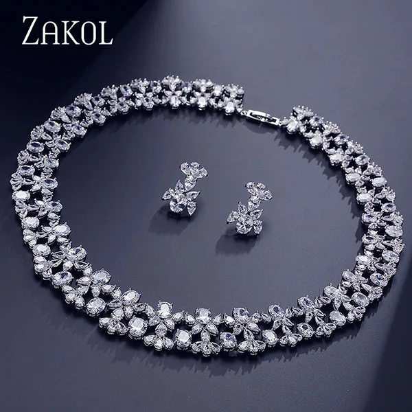 White ZAKOL роскошные женские Ювелирные наборы Цветок проложить Циркон ожерелье серьги набор прозрачных ювелирных изделий для невесты свадебный ужин платье FSSP296 - Окраска металла: White