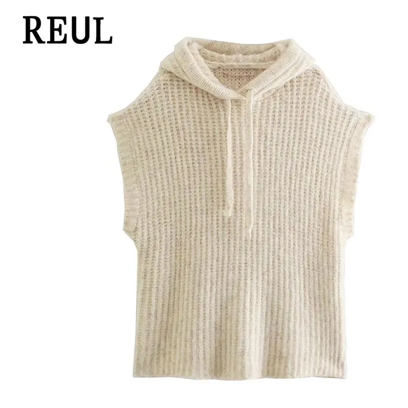 

Za Women 2021 Fall Fashion REUL Sweater With Hat Oversize Long Knit Sweater Vintage Casual Sleeveless Female Pullovers Chic Tops