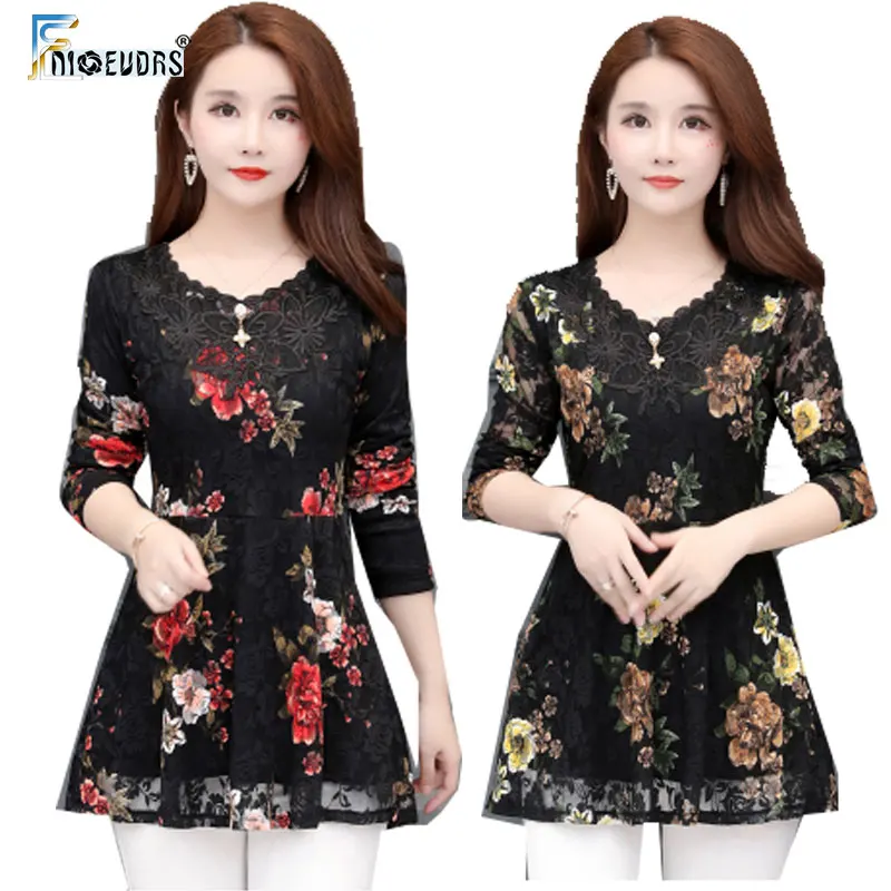 

Floral Vintage Lace Top Fall Winter Warm Velour Women Long Sleeve Elegant Office Lady Basic Wear Hollow Out Peplum Top Tunic 331