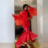 sexy red leather prom dresses tight mermaid strapless ruffles dubai luxury evening dress custom made pageant gown robe de soiree
