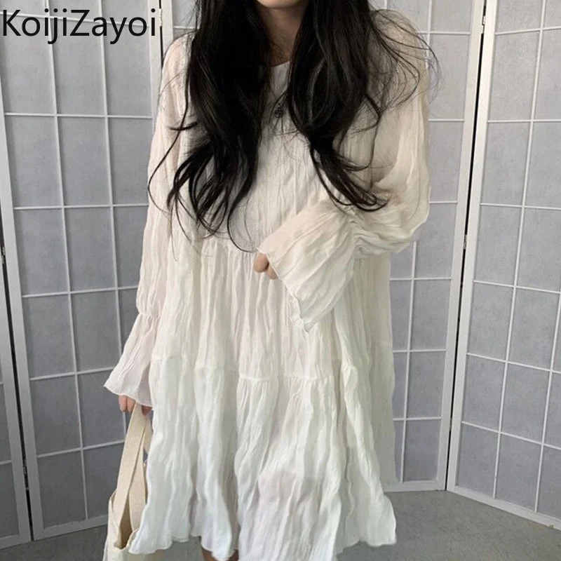 

Koijizayoi Spring Autumn Oversize Women Dress 2022 Fashion Solid Flare Sleeve Mini Dress Women Pleated O Neck Club Party Dresses