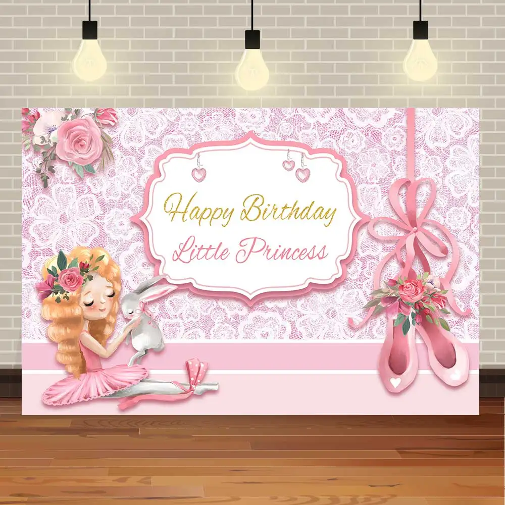 

NeoBack Happy Birthday Ballet Princess Flowers Baby Shower Golden Pink Girls Party Photo Backdrop Photography Background