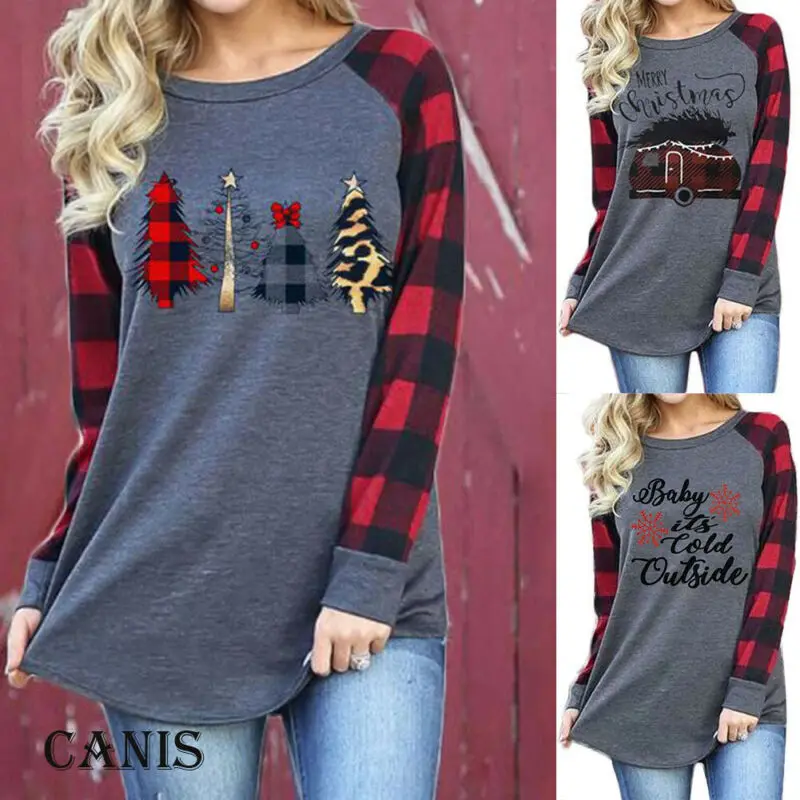 Рождественская футболка Топы Женская Подарочная рубашка в клетку с принтом