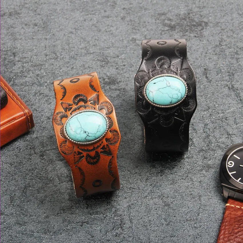 

Silver Plated Handmade Leather with Oval Green Turquoises Stone Bangle for Cool Men Ethnic Style Jewelry