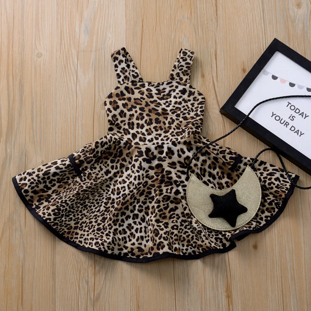 2020 New Spring Summer Girl Dress Kids Baby Girls Strap Ruffles Leopard Print Princess Clothes length Casual | Детская одежда и
