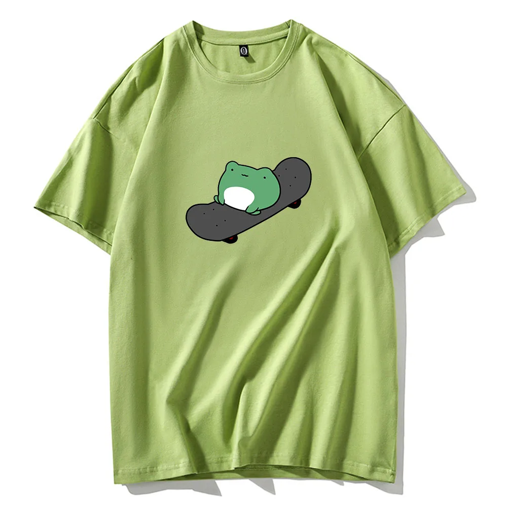 Camiseta con estampado de rana y monopatín para mujer, remera verde de gran tamaño, camisetas informales Harajuku, ropa de calle
