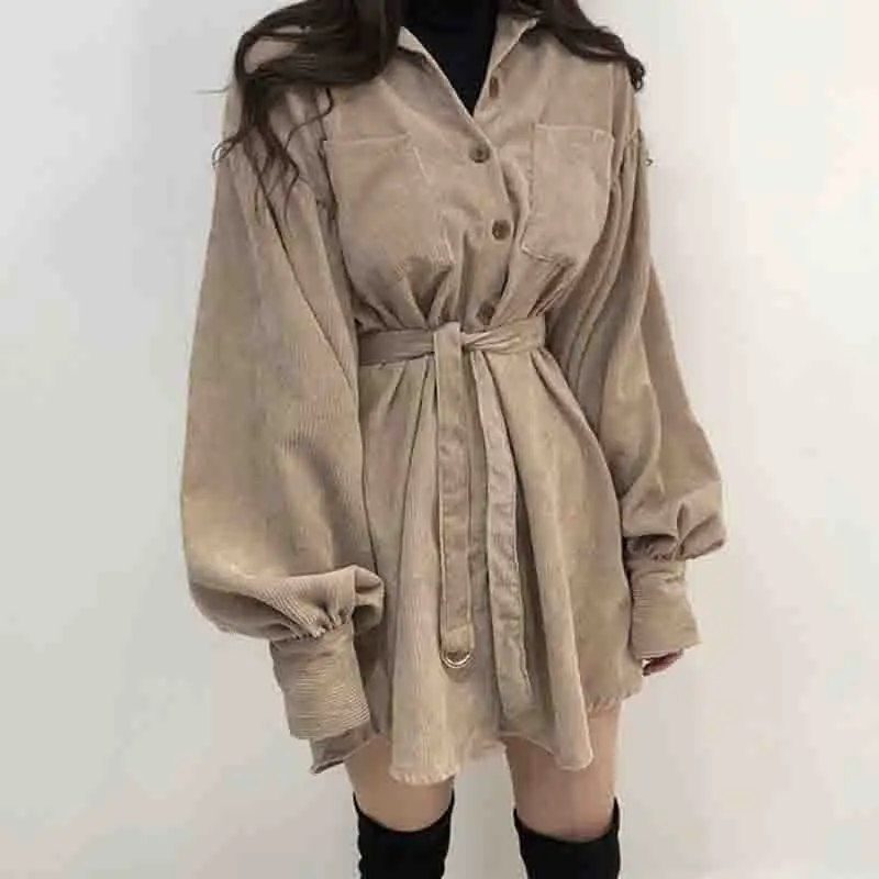 

2020 Women Short Corduroy Dress Autumn Lantern Sleeves Turn-Down Collar Solid Vintage Korean Dress Winter Romantic Lace-Up Dress