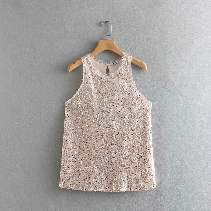 2019 женская сексуальная блуза с круглым вырезом без рукавов расшитая блестками