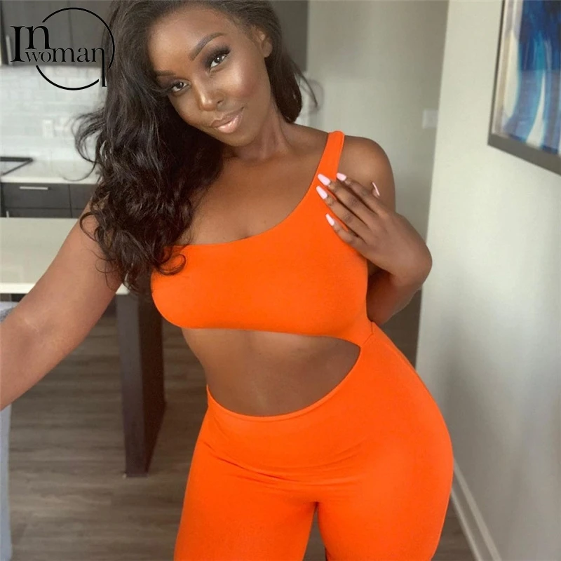 

Inwoman Sexy Hollow Out Summer Bodycon Black Orange White Gray One Shoulder Women Backless Piece Long Jumpsuits Female Outfit