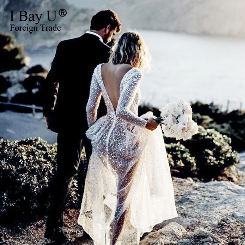 Real Photos Sparkly Sequins Long Sleeves Wedding Dress 2019 V Back Sexy Formal Bridal Gowns Custom Made