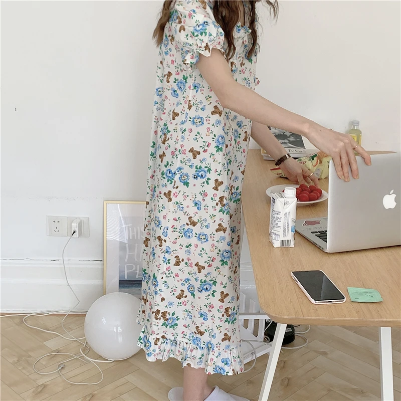 

floral print summer nightgowns bear peter pan collar short sleeve cotton soft sleepwear women nightdress ins korea homewear Y616