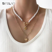 sindlan 2pcs double layer punk heart gold pearl necklace for women kpop flower beaded chain female vintage fashion jewelry colar