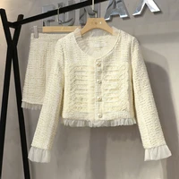 small fragrance 2021 new spring fall vintage skirt 2 piece set women luxury buttons woolen tweed jacket short coat skirt suits