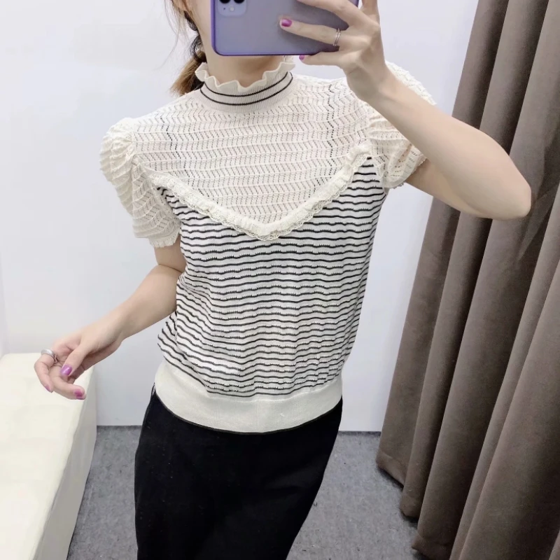 Женский вязаный свитер с оборками на воротнике повседневный тонкий в полоску