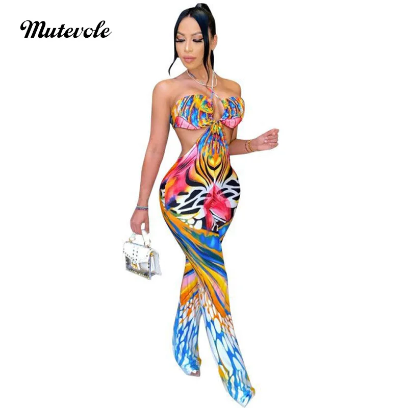 

Mutevole женское сексуальное платье, бодикон, с рисунком, с лямкой через шею комбинезон летняя широкая повязка на ногу вечерние комбинезон Повс...