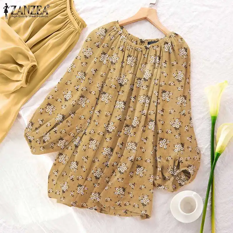

Women 2022 Elegant Printed Blouse ZANZEA Female Shirts 2022 Spring Autumn Puff Sleeve Top Casual Loose Oversized Blusa Femininas