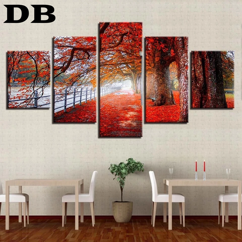 

5 Pieces Of Modern Decorative Painting Red Leaf Maple Landscape Canvas Painting Artist'S Bedroom Living Room Hanging Paintings