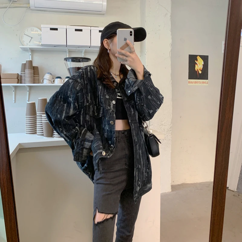 

Spring Autumn Black Hole Denim Jacket Women Oversized Outerwear Loose Harajuku Long sleeve Jeans jacket Casual Casaco Feminino