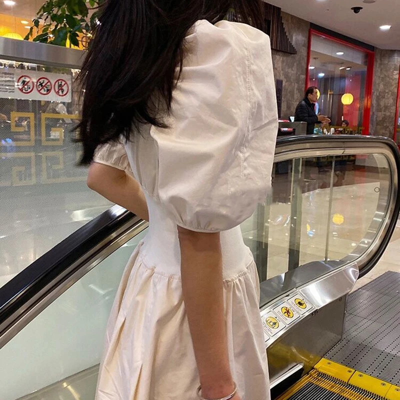 

Korean Chic Elegant Women Dress 2021 Summer Cottagecore White O Neck Puff Short Sleeve High Waist Tunic Midi Dresses Vintage