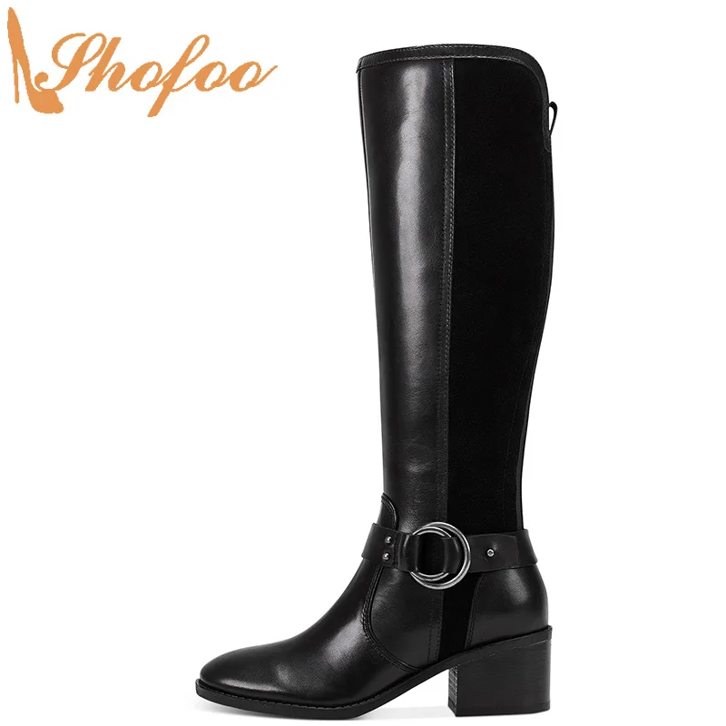 

Women Black Knee Long Boots Patchwork High Chunky Heels Round Toe Zipper Large Size 14 16 For Ladies Fashion Winter Shoes Shofoo