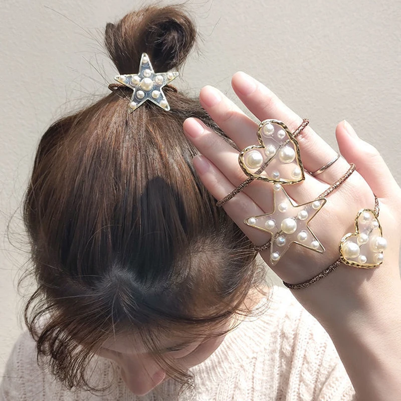 

Sempli Gold Elastic Hair Bands Pearl Love Heart Woman Girls Hair Band Children Five Star Hair Headband Accessories Scrunchie