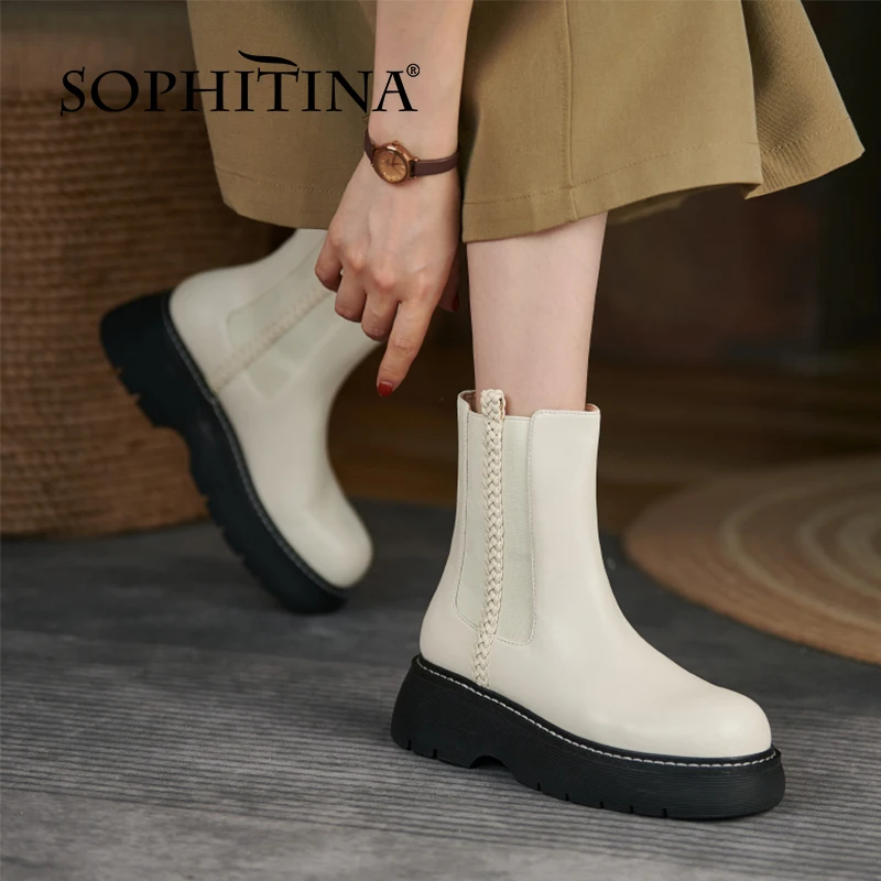 

SOPHITINA Women's Boots Trend Chelsea Weave Comfort Slip-On Premium Leather Shoes Flat Platform Fashion Lady Ankle Boots FO822