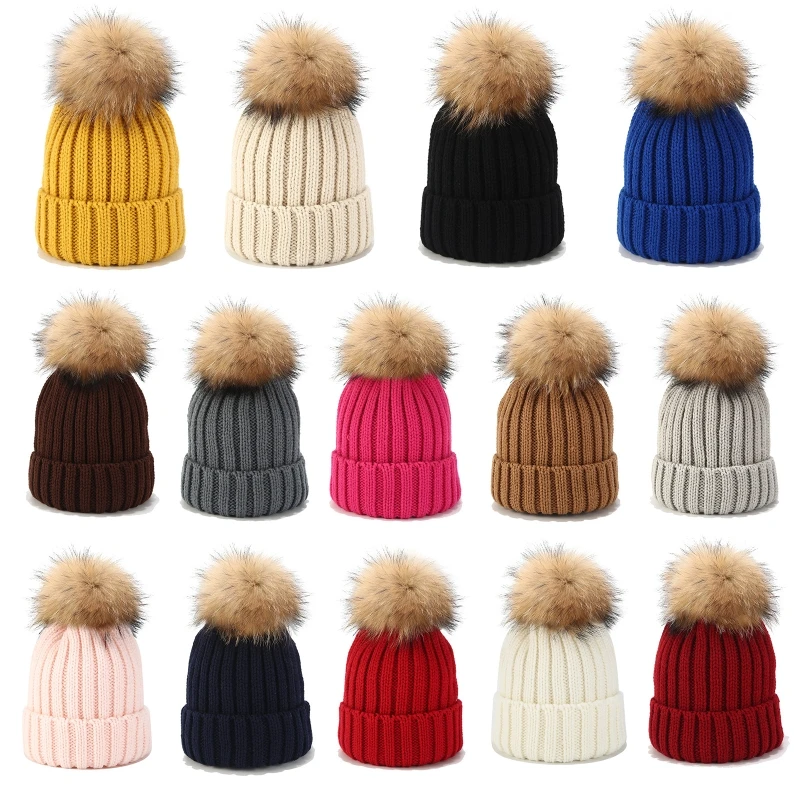 

2Pcs Parent-Child Knitted Beanie Hat Set Mother Baby Winter Pom Pom Skull Cap