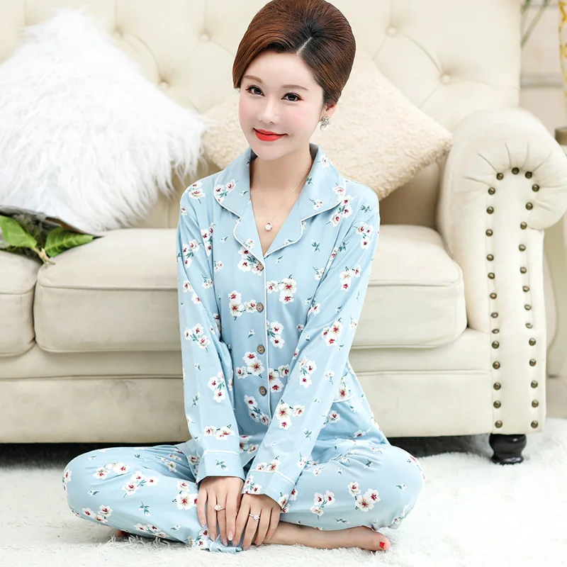 

Women Pajamas Set Spring Autumn turn-down Cotton Sleepwear Set Cute Women Casual Homewear Female Pyjamas