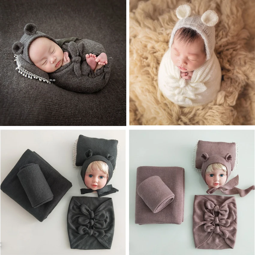 Newborn Baby Photography Costumes Clothing Sets Bowknot Wraps Bear Hat 4-5pcs Photo Sets Cloth Backdrops Big Size Blanket Pillow