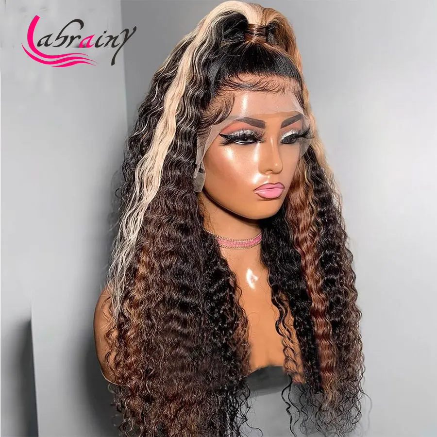 

Highlight Honey Blonde HD Transparent Lace Frontal Human Hair Wigs Ombre Brown Kinky Curly Lace Front PrePlucked Deep Wave13x6x1