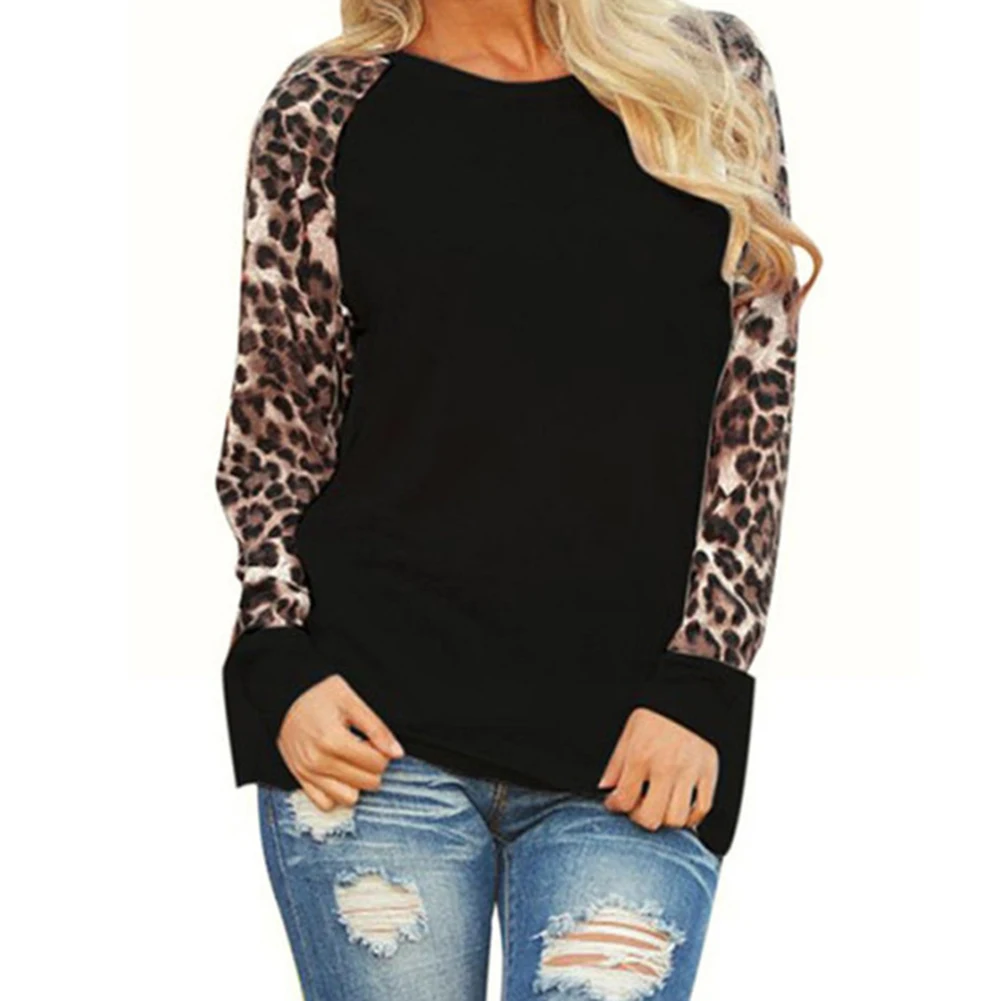 Женский леопардовый пуловер с длинным рукавом и круглым вырезом | Женская одежда