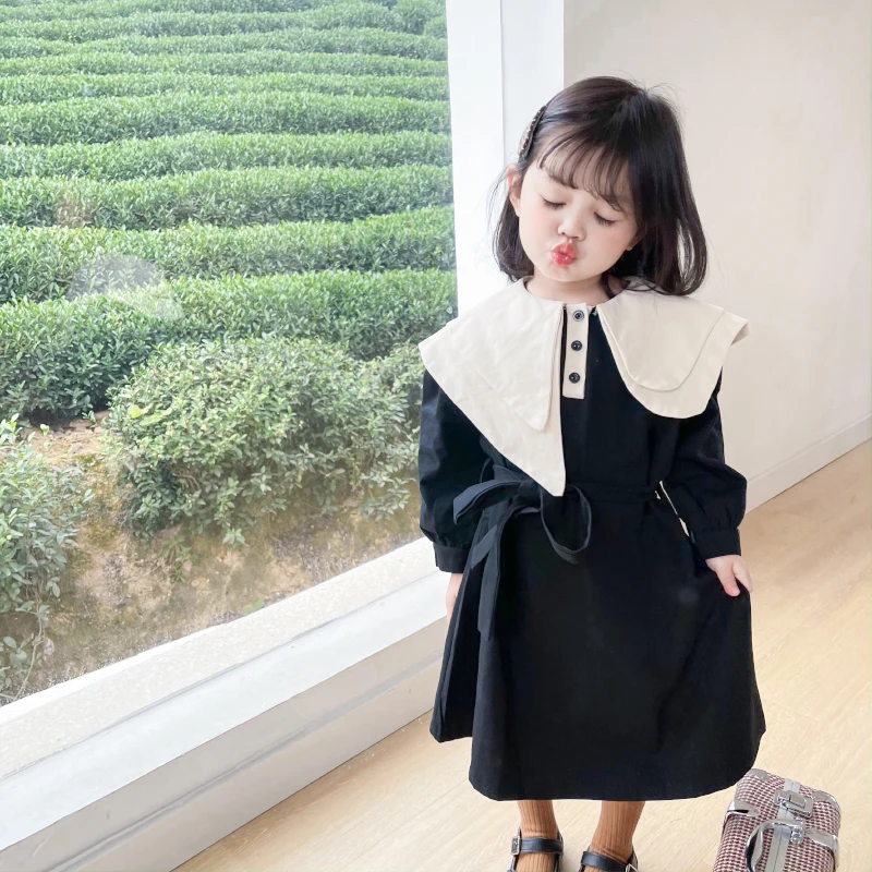 

dress 2021 Spring New Dresses for Girls Dress Fashion Irregular Large Lapel Vintage Dress girls black dress Children's clothing
