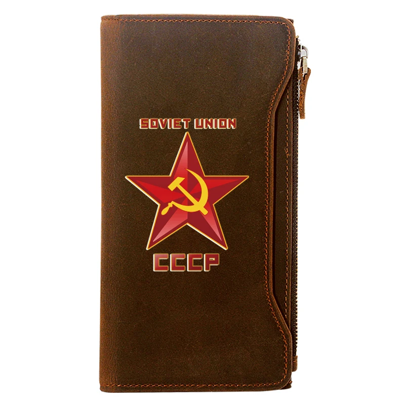 

Classic Soviet Union CCCP Printing Genuine Leather Wallet Men Long Purse With Phone Bag Zipper Card Holder High Quality Clutch